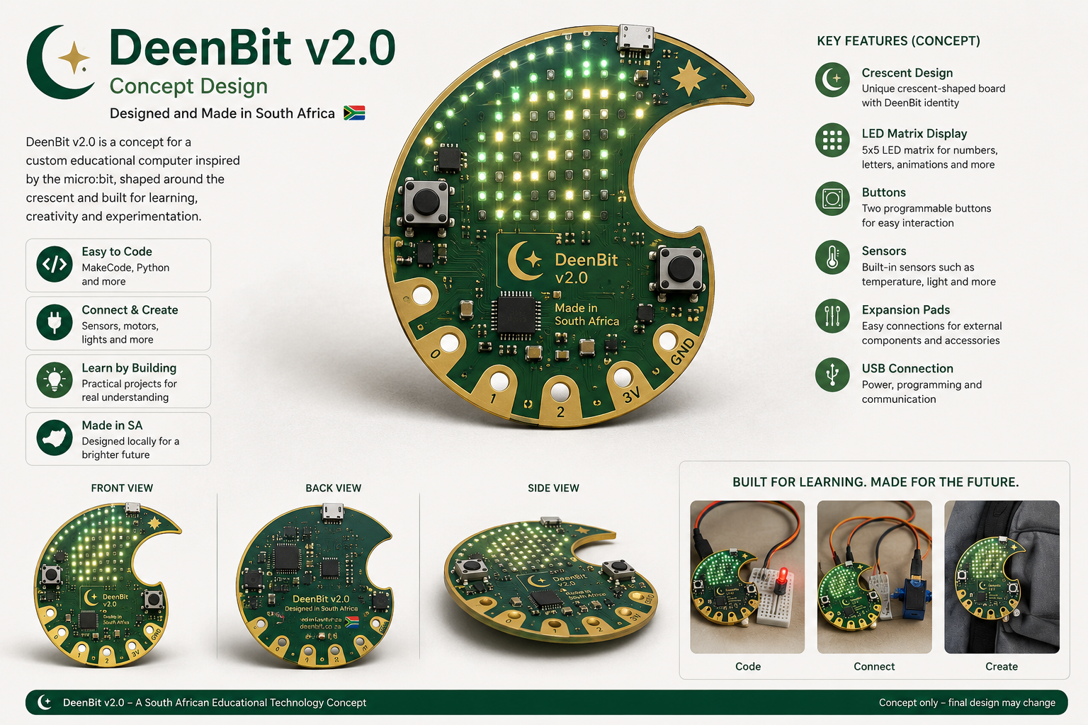 Concept design for a crescent-shaped DeenBit v2.0 educational computer