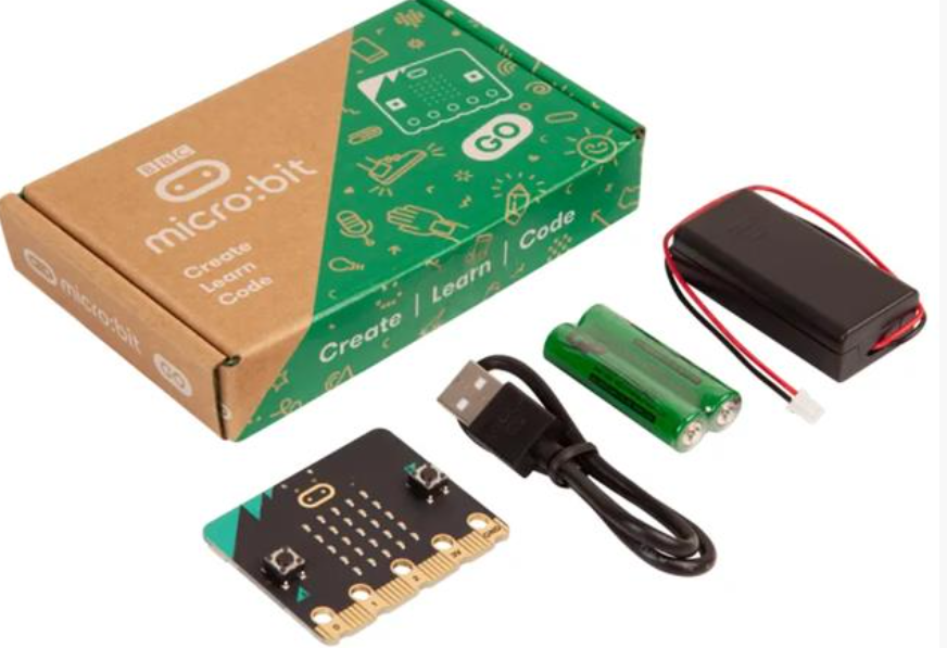 BBC micro:bit kit with micro:bit board, USB cable, battery holder, batteries and box