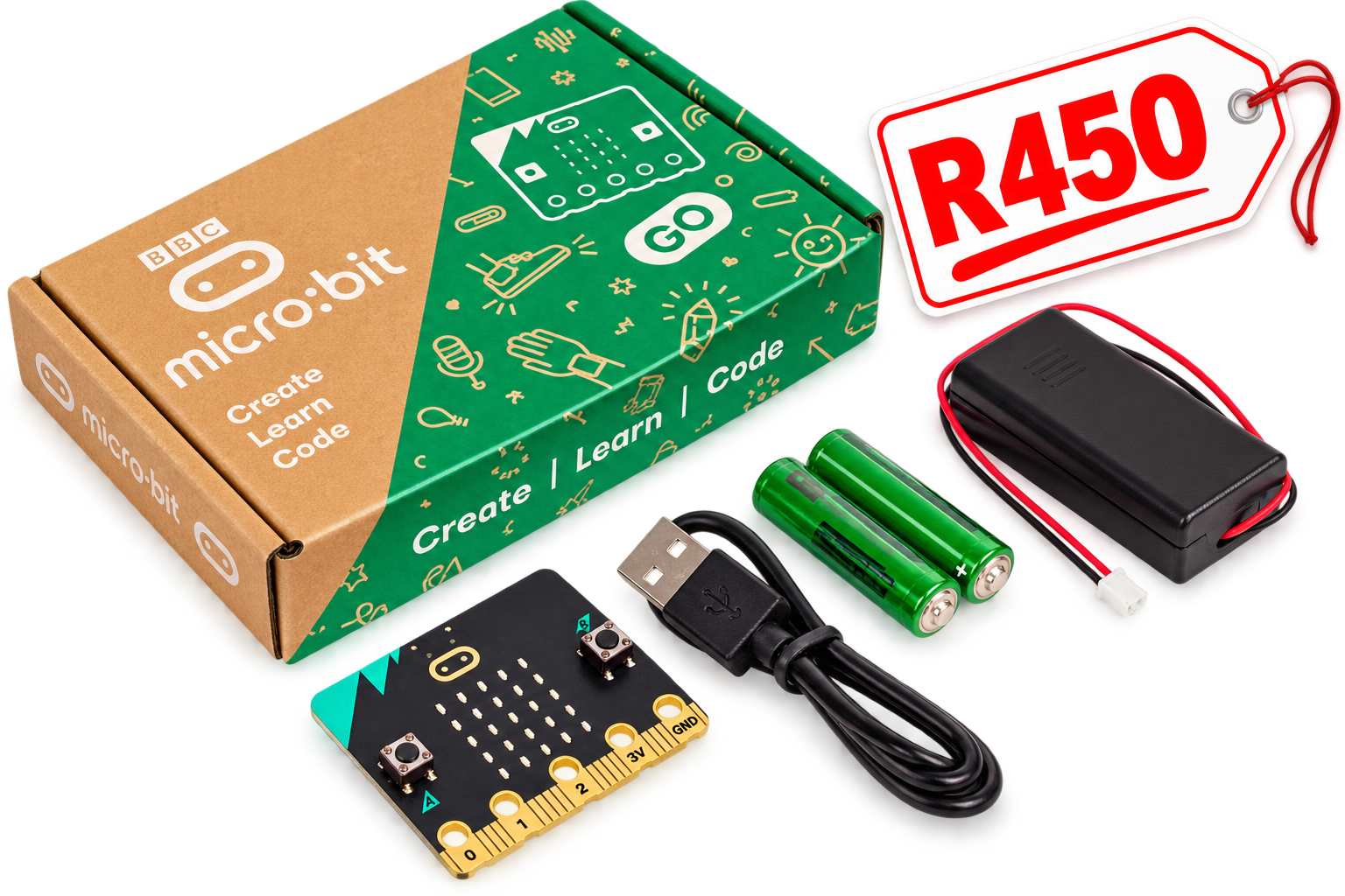 BBC micro:bit kit with micro:bit board, USB cable, battery holder, batteries and box